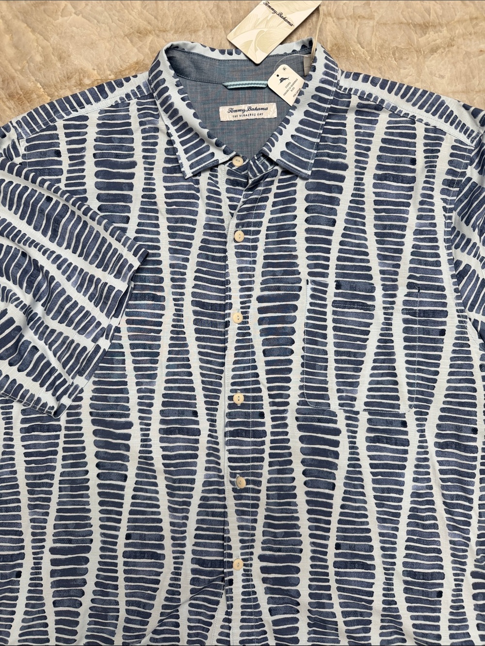 Tommy Bahama Navy and White Abstract Stripe Short-Sleeve Button-Down